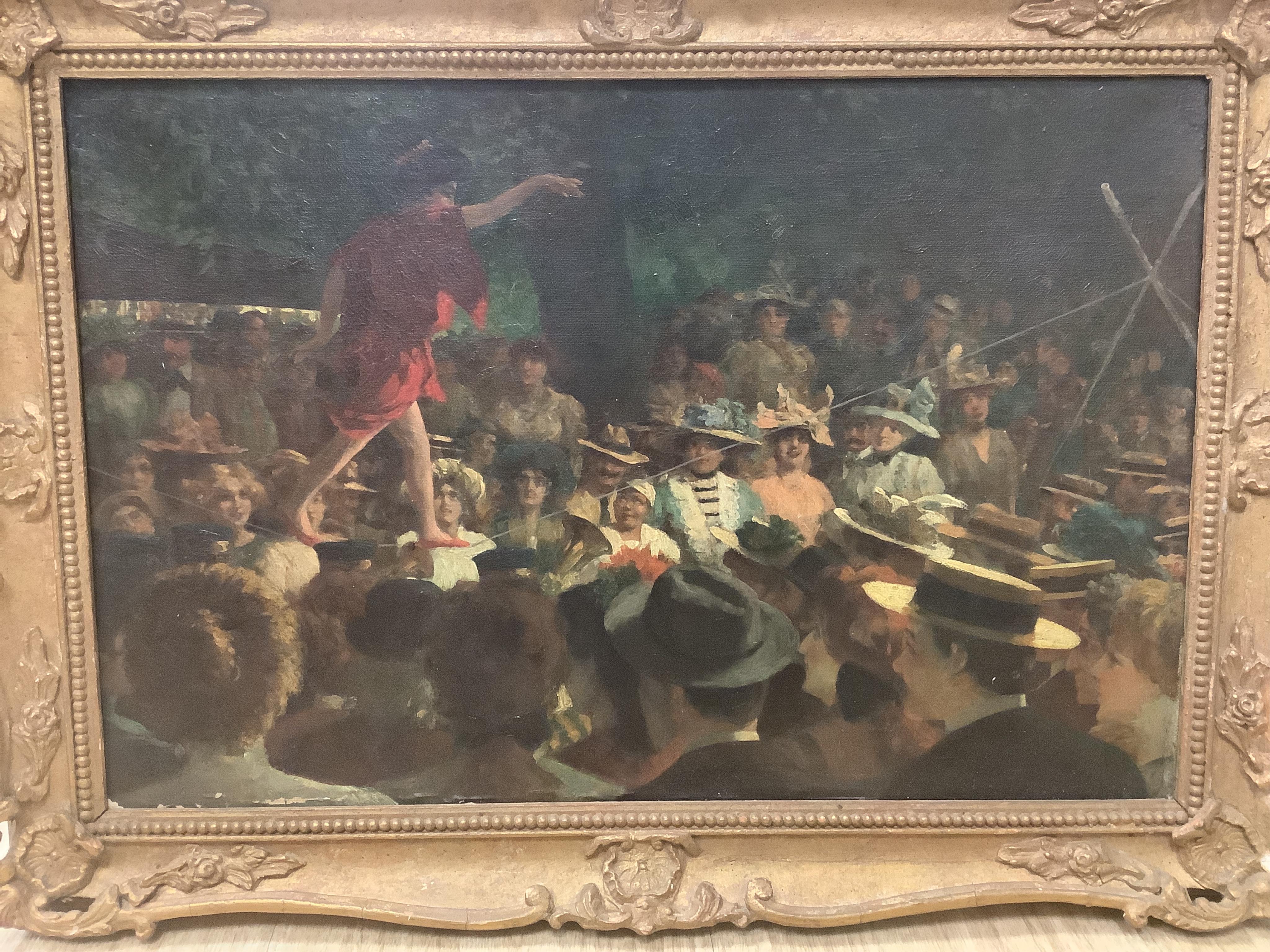 Early 20th century, French School, oil on canvas, Tight rope walker, 29 x 45cm. Condition - fair, some chipping